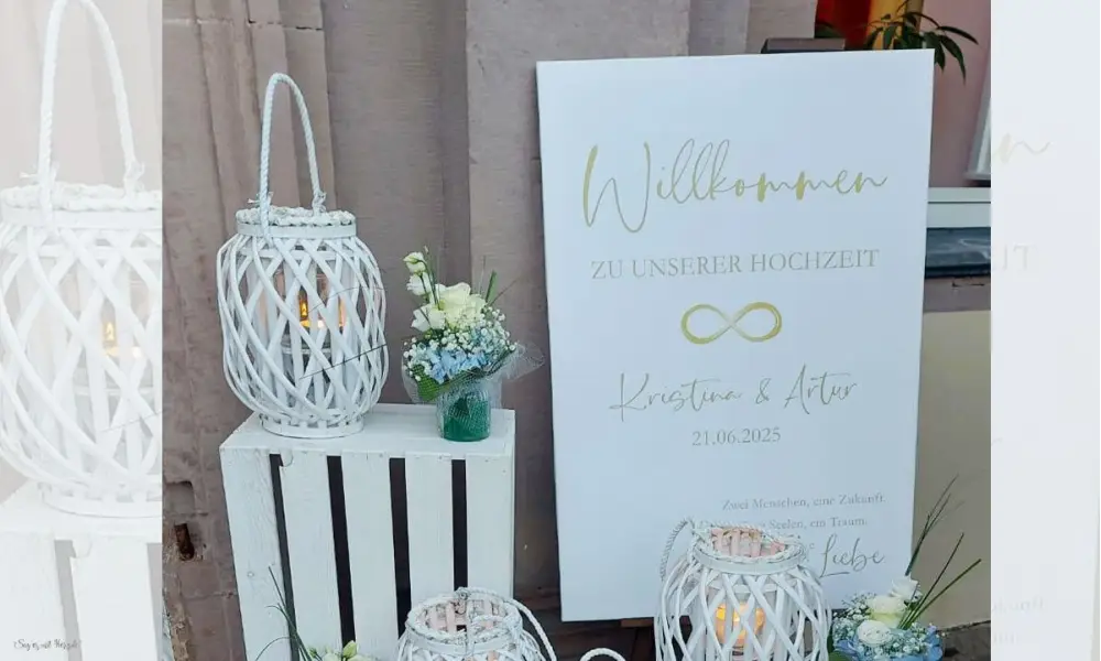 Edles Willkommensschild Hochzeit weiß gold