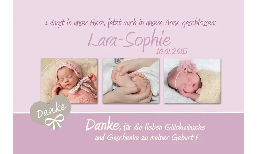 Danksagung Geburt "Lena", Geburtskarte, 10x15 cm, rosa