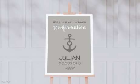 Willkommensschild Konfirmation Junge grau Anker