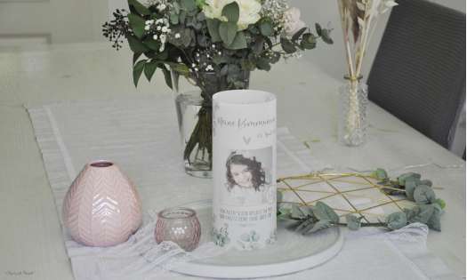 Windlicht Lichthülle zur Kommunion mit Foto, Eukalyptus