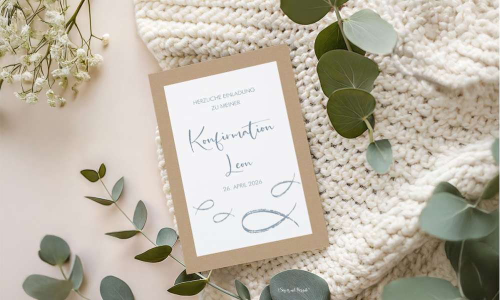 Einladungskarten zur Kommunion auf modernem Kraftpapier mit grau-blauen Fischen in weiß Kraftpapier