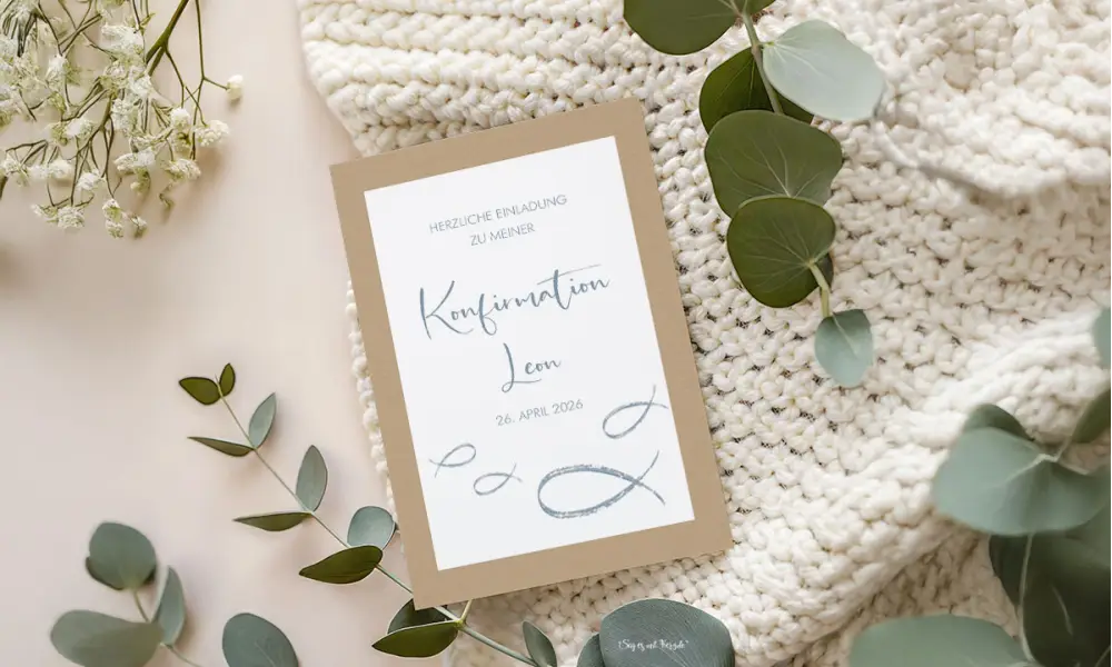Einladungskarten zur Kommunion auf modernem Kraftpapier mit grau-blauen Fischen in weiß Kraftpapier