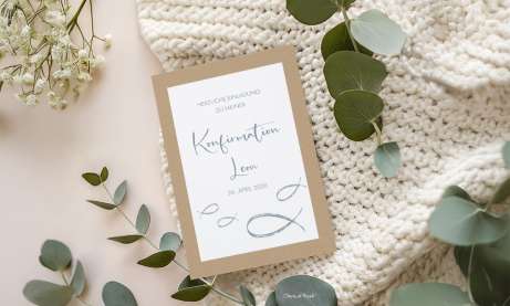 Einladungskarten zur Kommunion auf modernem Kraftpapier mit grau-blauen Fischen in weiß Kraftpapier