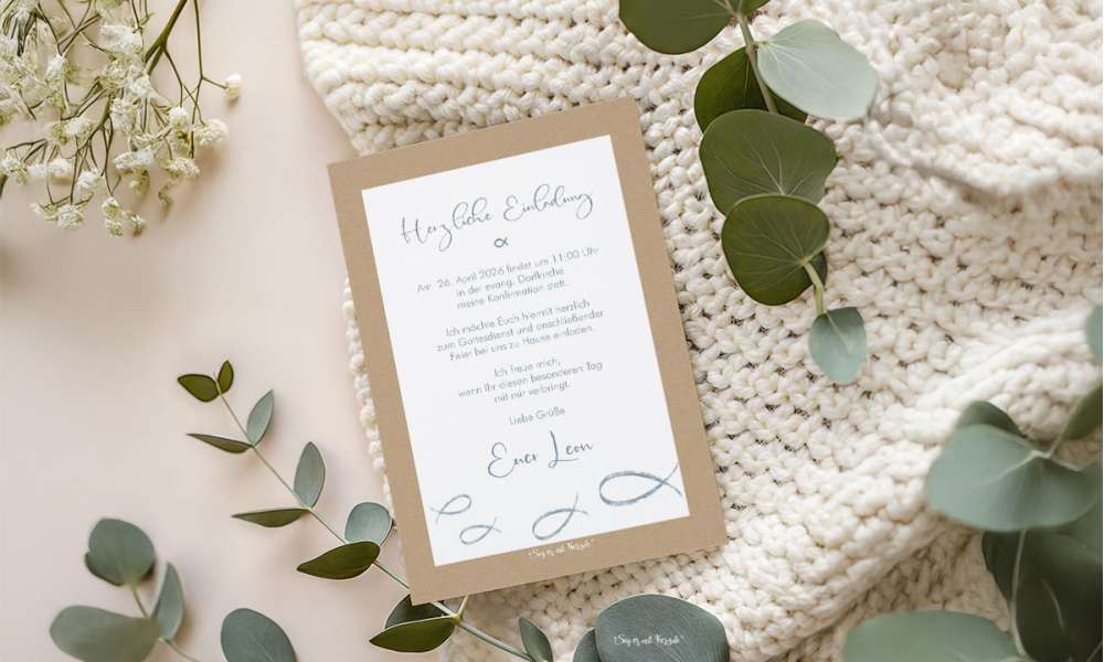 Einladungskarten zur Kommunion mit liebevollem Einladungstext auf modernem Kraftpapier mit Fischen in grau-blau