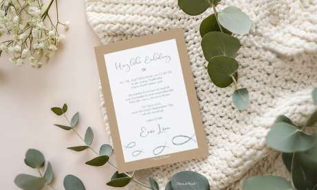 Einladungskarten zur Kommunion mit liebevollem Einladungstext auf modernem Kraftpapier mit Fischen in grau-blau