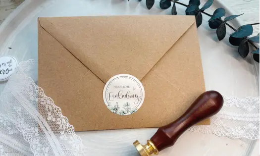 Eukalyptus Siegel Sticker in rund mit der Aufschrift Herzliche Einladung