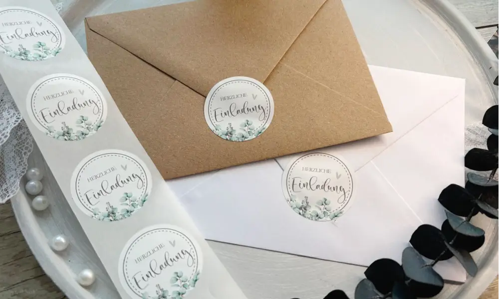 Eukalyptus Siegel Sticker in rund mit der Aufschrift Herzliche Einladung zum Verschließen der Briefumschläge