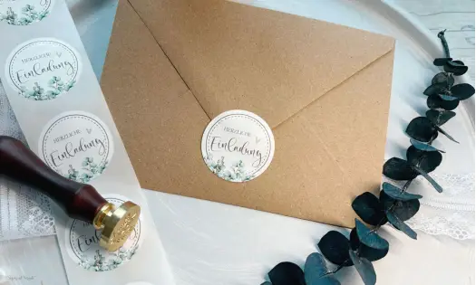 Eukalyptus Siegel Sticker in rund mit der Aufschrift Herzliche Einladung zum Verschönern der Briefumschläge