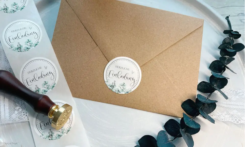 Eukalyptus Siegel Sticker in rund mit der Aufschrift Herzliche Einladung zum Verschönern der Briefumschläge