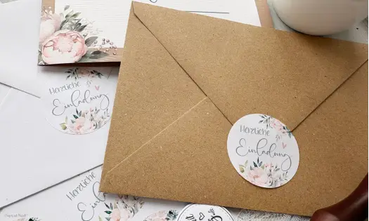 Siegel Sticker  zum Verschließen der Umschläge mit der Aufschrift Herzliche Einladung in rosa salbei