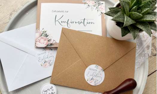 Siegel Sticker  auf einem Briefumschlag zum Verschließen der Umschläge mit der Aufschrift Herzliche Einladung in rosa salbei