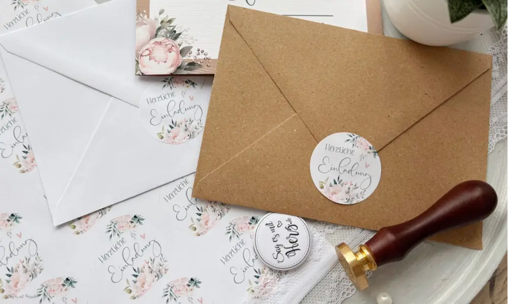 Runde Siegel Sticker zum Verschließen der Umschläge mit der Aufschrift Herzliche Einladung in rosa salbei