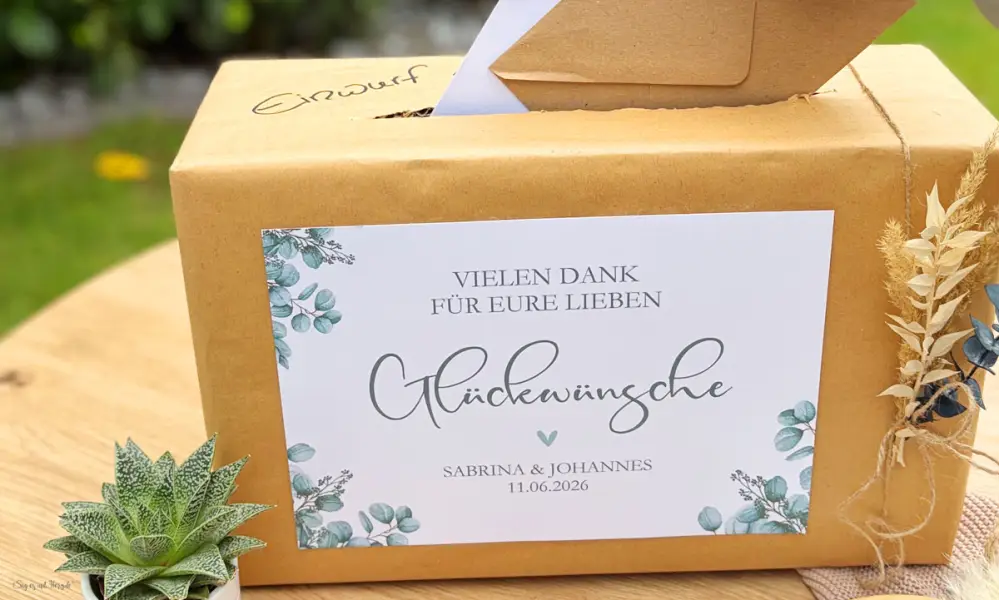 Kartenbox für Glückwünsche selber basteln, Cover mit Name und Datum