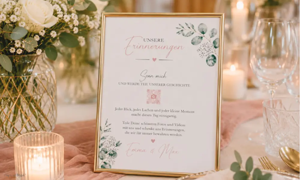 Rahmen für QR Code Karte zur Hochzeit Gästefotos sammeln