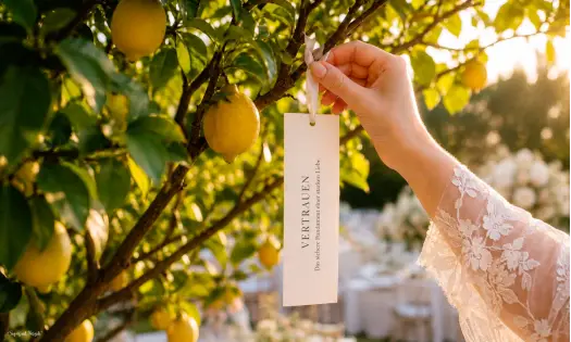 Wunschbaum Karten zur Hochzeit, Wunschkarte wird an Baum gehängt