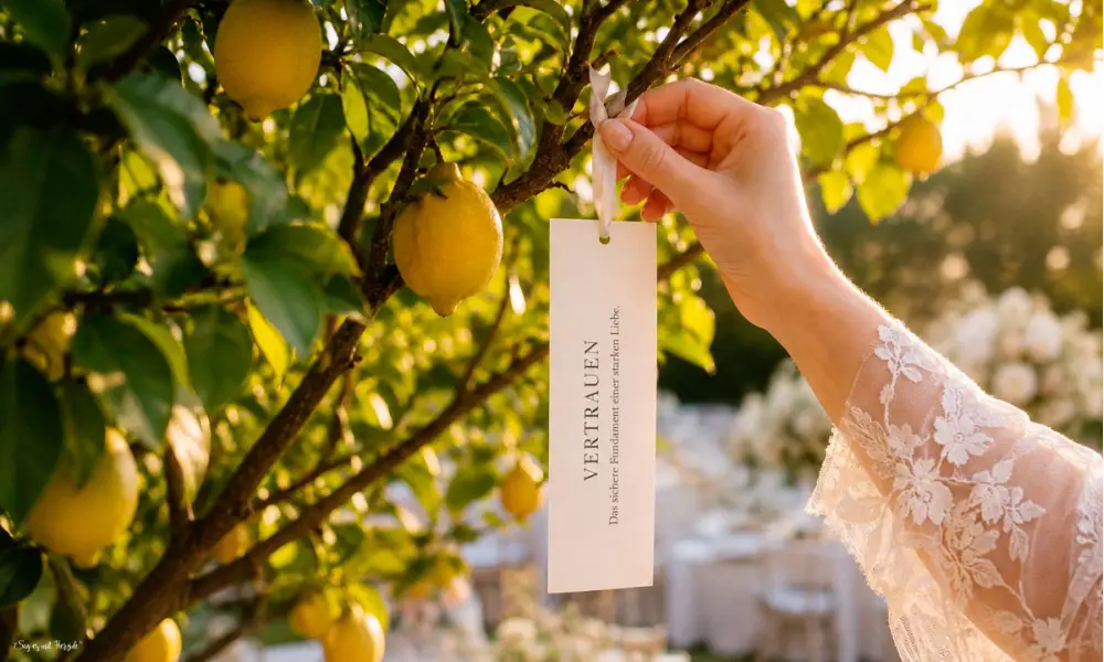 Wunschbaum Karten zur Hochzeit, Wunschkarte wird an Baum gehängt