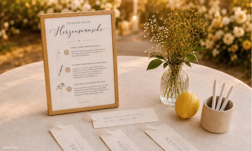Wunschkarten zur Hochzeit mit Ablaufplan für die Idee für die Gäste
