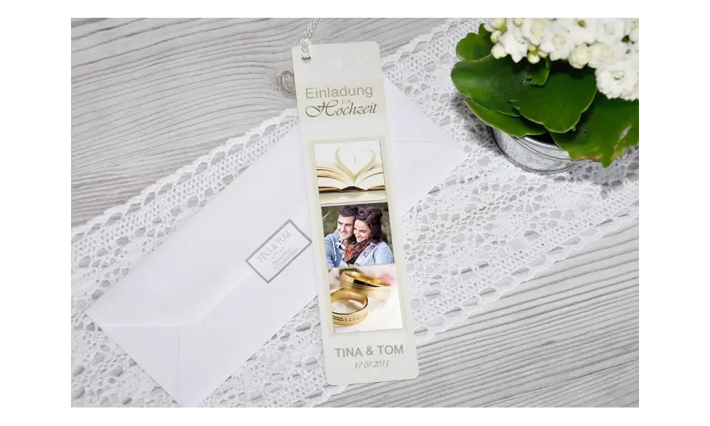 Lesezeichen Einladungskarte Hochzeit, 5x20 cm, creme