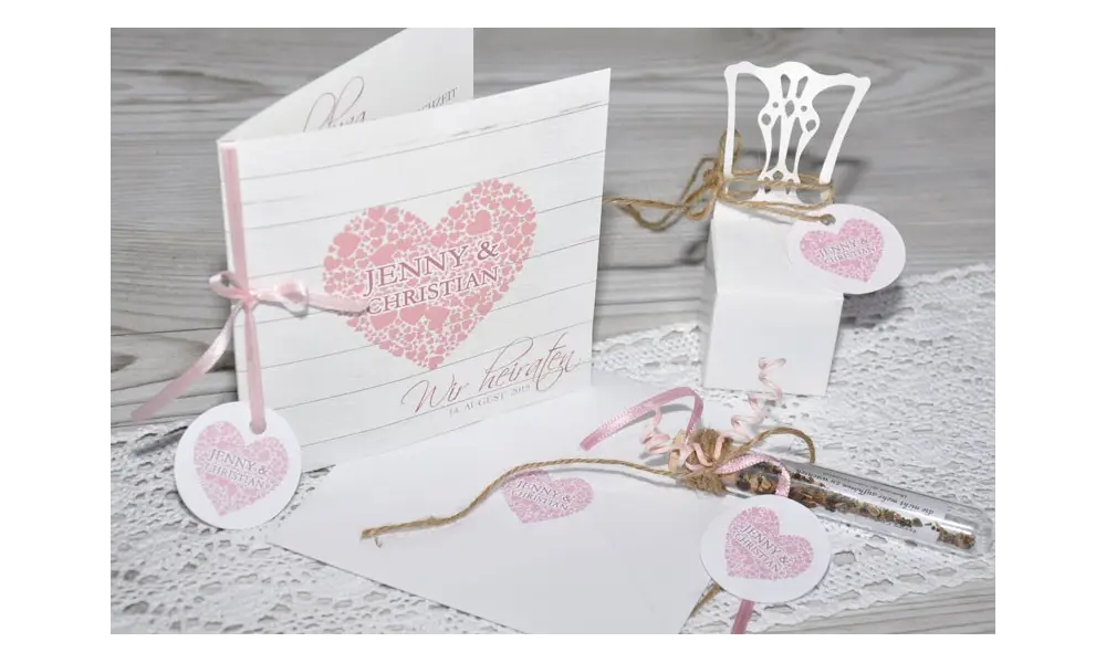 Einladungskarte Hochzeit "Herz", Klappkarte Quadrat, Dielenoptik