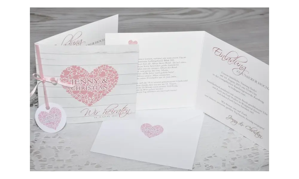 Einladungskarte Hochzeit "Herz", Klappkarte Quadrat, Dielenoptik