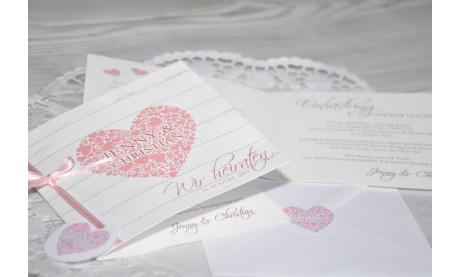Einladungskarte Hochzeit "Herz", Klappkarte Quadrat, Dielenoptik
