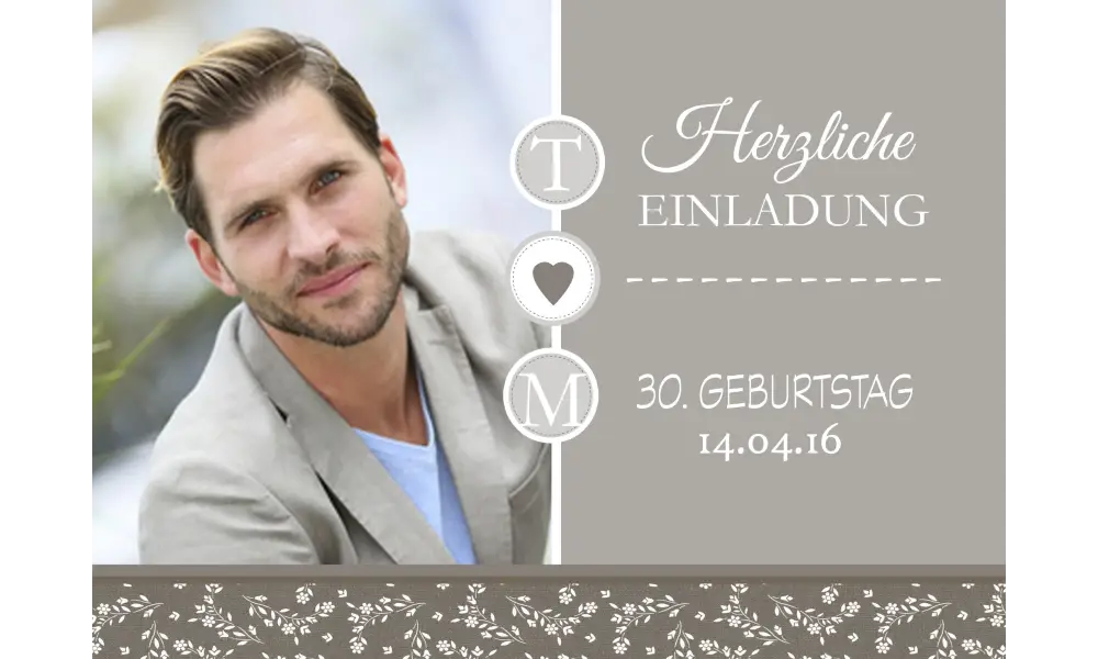 Einladung zum 30. Geburtstag "Vintage" modern, taupe
