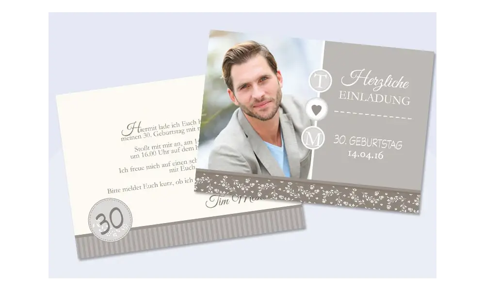 Einladung zum 30. Geburtstag "Vintage" modern, taupe