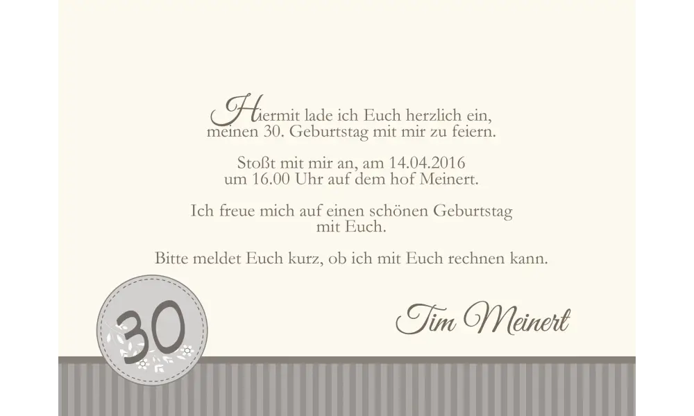 Einladung zum 30. Geburtstag "Vintage" modern, taupe