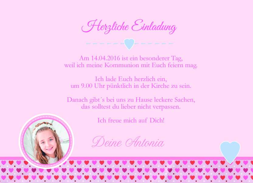 Einladung zur Kommunion mit Foto "Mädchentraum", pink rosa