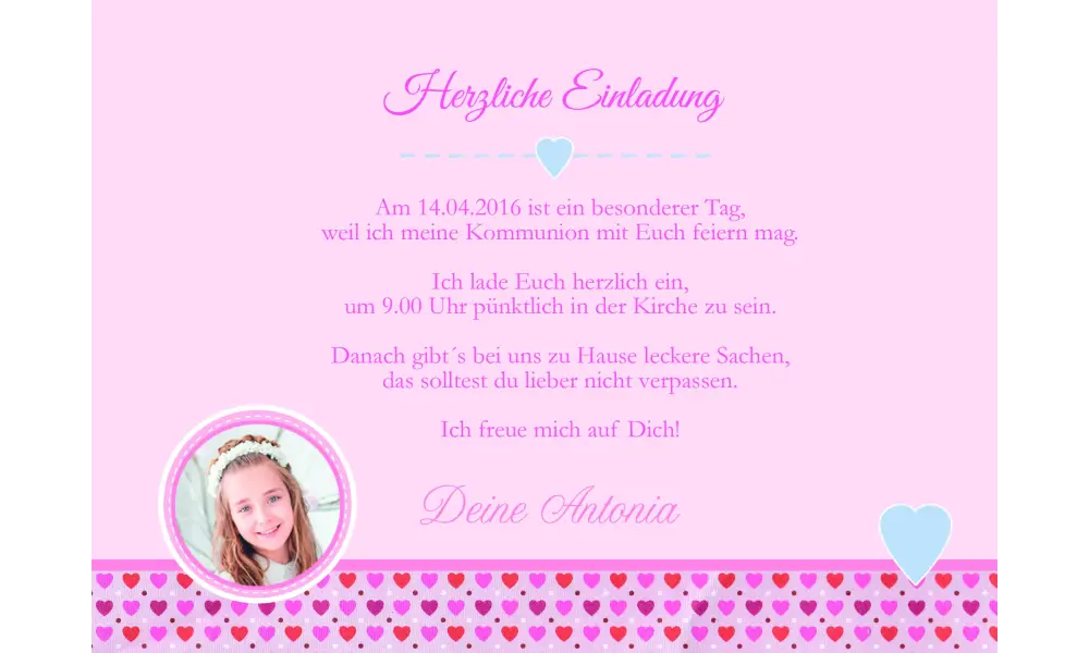 Einladung zur Kommunion mit Foto "Mädchentraum", pink rosa