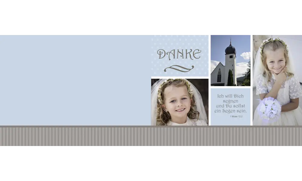 Danksagung Kommunion / Konfirmation hellblau, Klappkarte, viele Fotos
