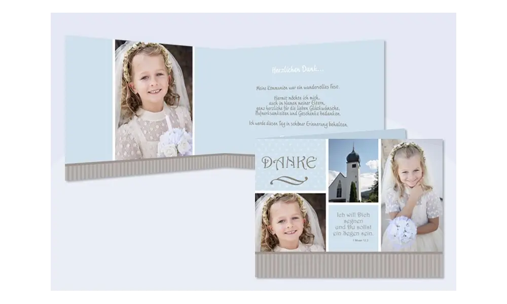 Danksagung Kommunion / Konfirmation hellblau, Klappkarte, viele Fotos