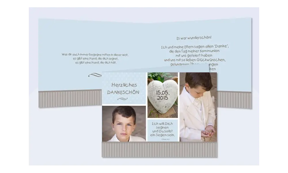 Danksagung Kommunion / Konfirmation hellblau, Klappkarte, viele Fotos
