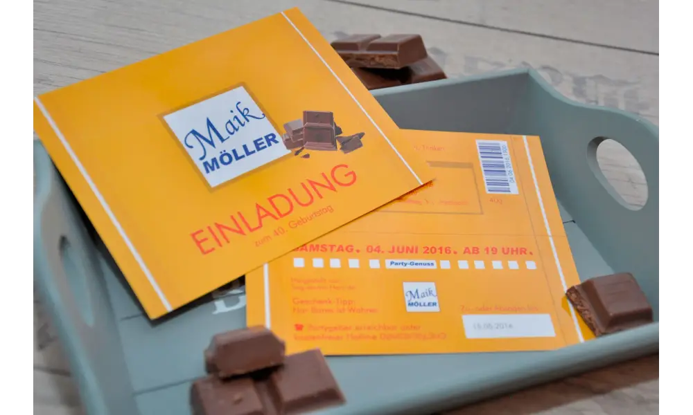 Einladung 40. Geburtstag "Schokoriegel" witzig
