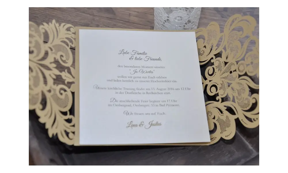 Einladungskarten Hochzeit gold weiß Lasercut Spitze