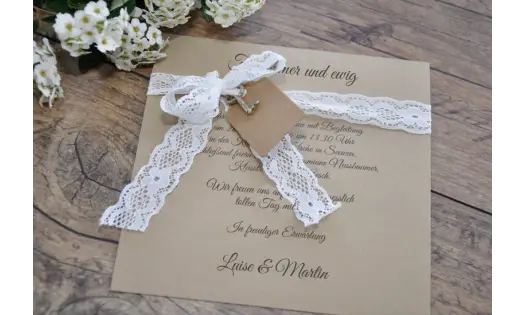 Einladungskate Hochzeit Vintage Kraftpapier mit Spitze