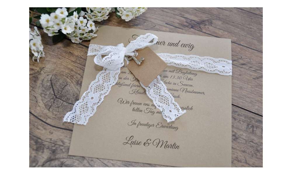 Einladungskate Hochzeit Vintage Kraftpapier mit Spitze