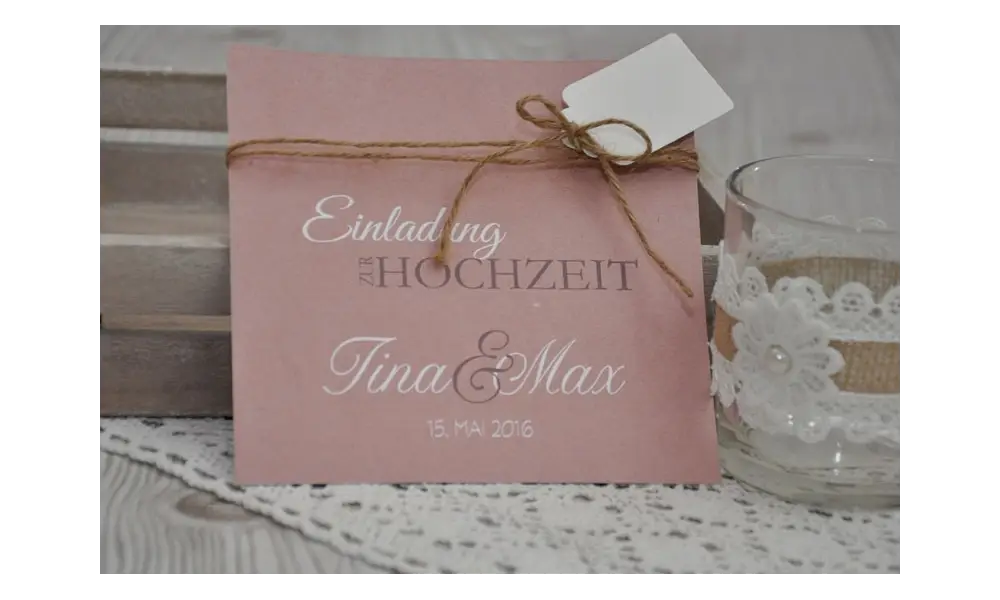 Einladungskate Hochzeit "Vintage" mit Spitzenschleife