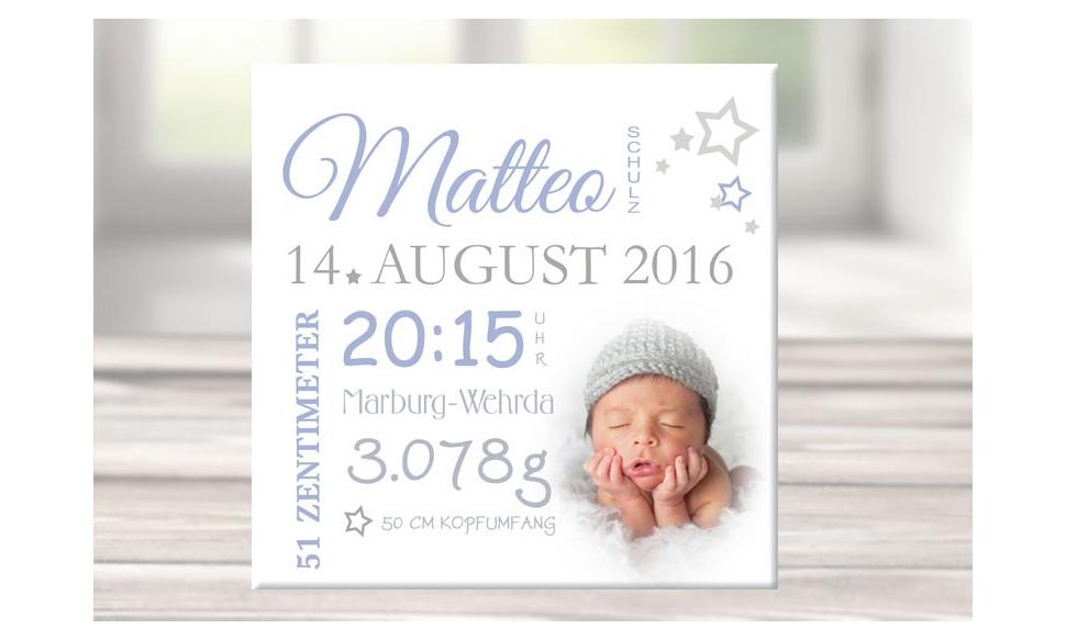 Wandbild mit Geburtsdaten & Foto, Leinwand personalisiert