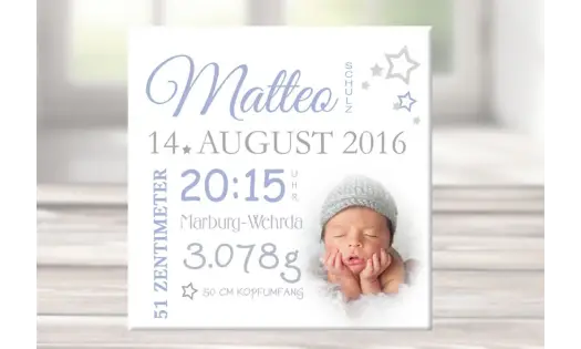 Wandbild mit Geburtsdaten & Foto, Leinwand personalisiert