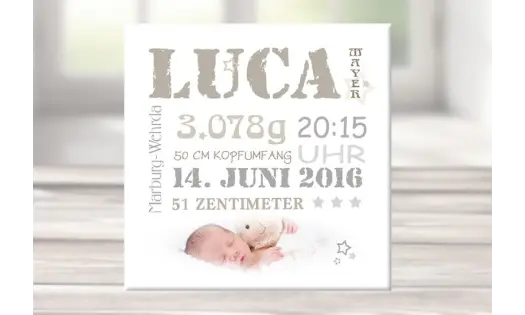 Wandbild mit Geburtsdaten & Foto, Leinwand personalisiert