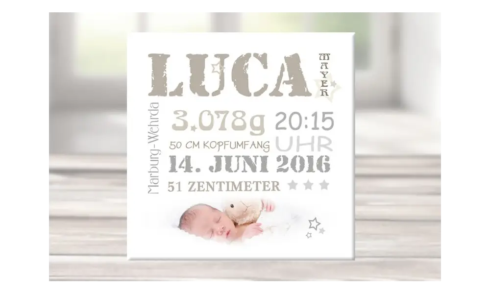 Wandbild mit Geburtsdaten & Foto, Leinwand personalisiert