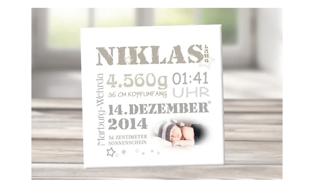 Wandbild mit Geburtsdaten & Foto, Leinwand personalisiert