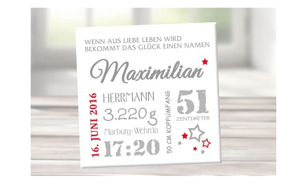 Wandbild mit Geburtsdaten & Foto, Leinwand personalisiert