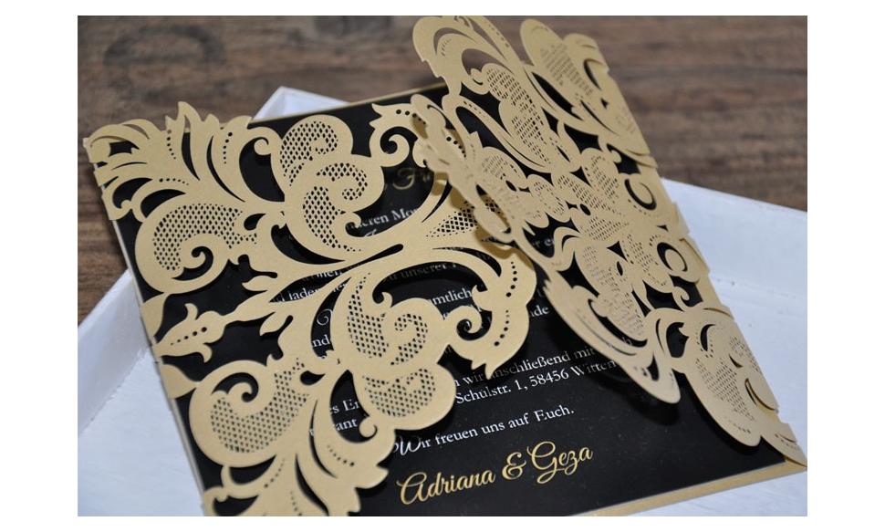 Einladungskarten Hochzeit gold schwarz Lasercut Spitze