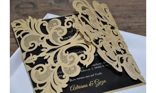 Einladungskarten Hochzeit gold schwarz Lasercut Spitze
