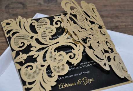 Einladungskarten Hochzeit gold schwarz Lasercut Spitze