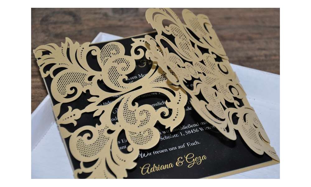 Einladungskarten Hochzeit gold schwarz Lasercut Spitze