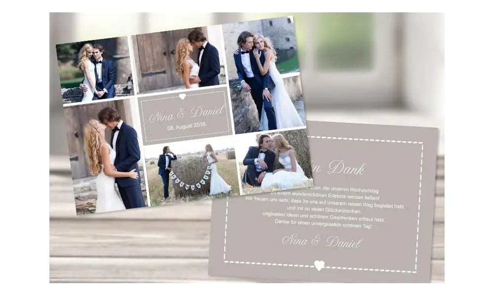 Danksagungskarte Hochzeit, "Herz" taupe