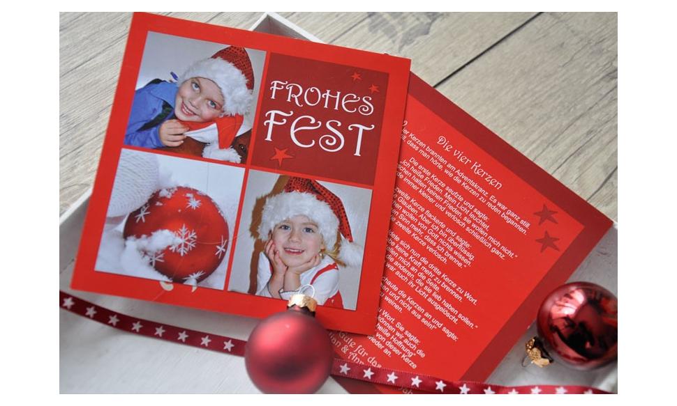 Flachkarte Weihnachten, Weihnachtskarte 2-seitig, 12,5x12,5 cm, Kinderlachen, rot 